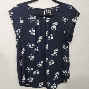 Alice Blue Navy Floral Print Blouse Large Petite Cap Sleeves Keyhole Back Closur